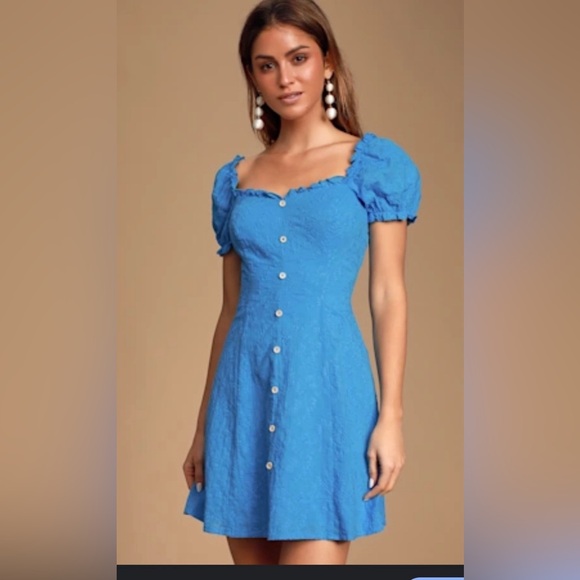 Lulus Dresses & Skirts - Lulus NWT Ashler Blue Embroidered Button-Front Puff Sleeve Small